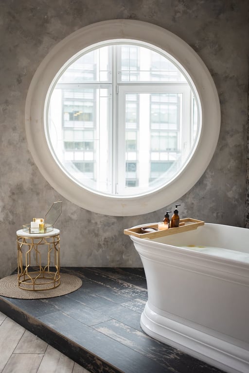 Intérieur de salle de bain contemporaine avec baignoire blanche et petite table placée contre un mur en béton avec fenêtre ronde à la lumière du jour.